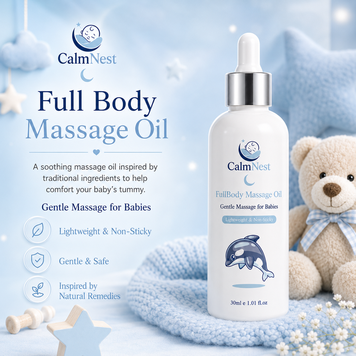 CalmNest Baby Massage Oil – Gentle Full Body Massage Oil for Newborns | Natural & Non-Sticky