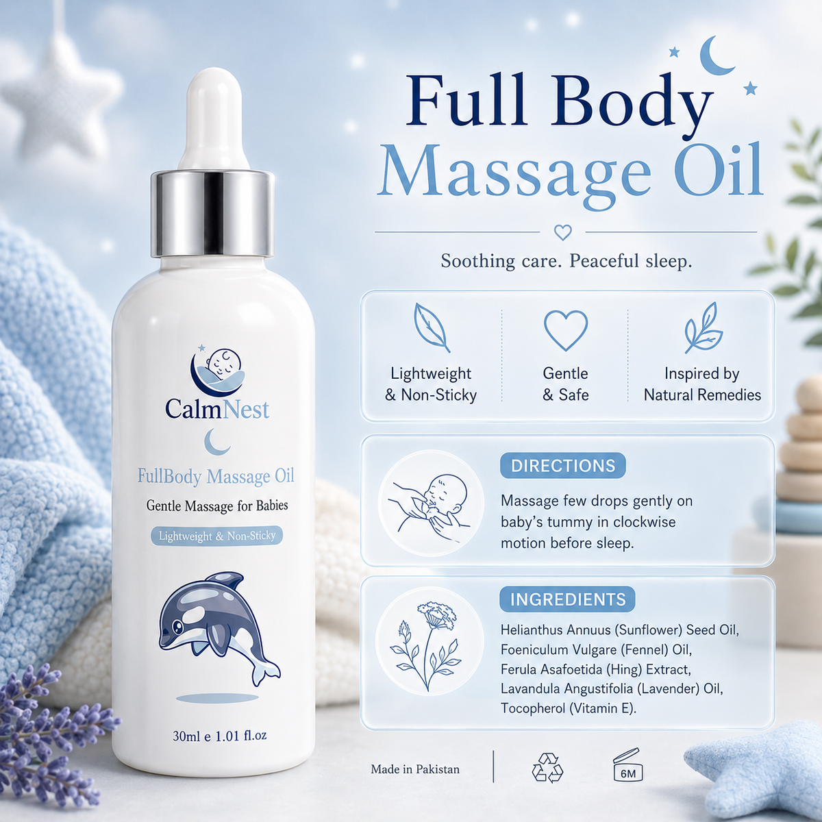 CalmNest Baby Massage Oil – Gentle Full Body Massage Oil for Newborns | Natural & Non-Sticky