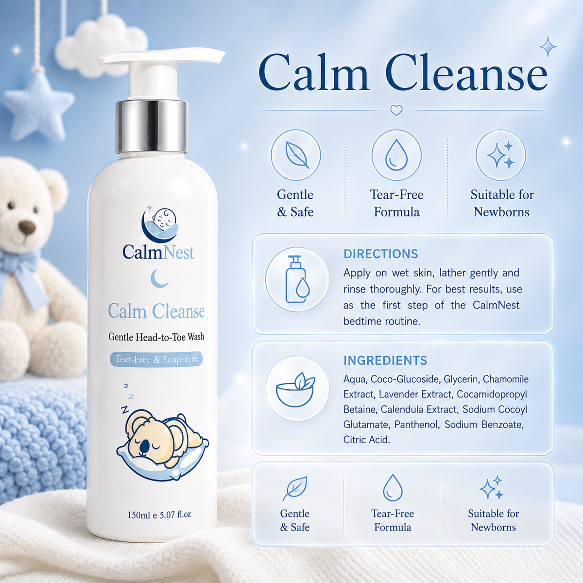 CalmNest Calm Cleanse – Gentle Baby Wash & Shampoo | Tear-Free Head-to-Toe Formula