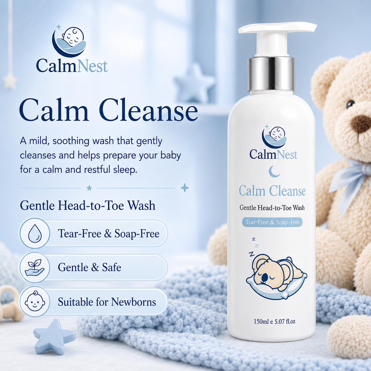 CalmNest Calm Cleanse – Gentle Baby Wash & Shampoo | Tear-Free Head-to-Toe Formula