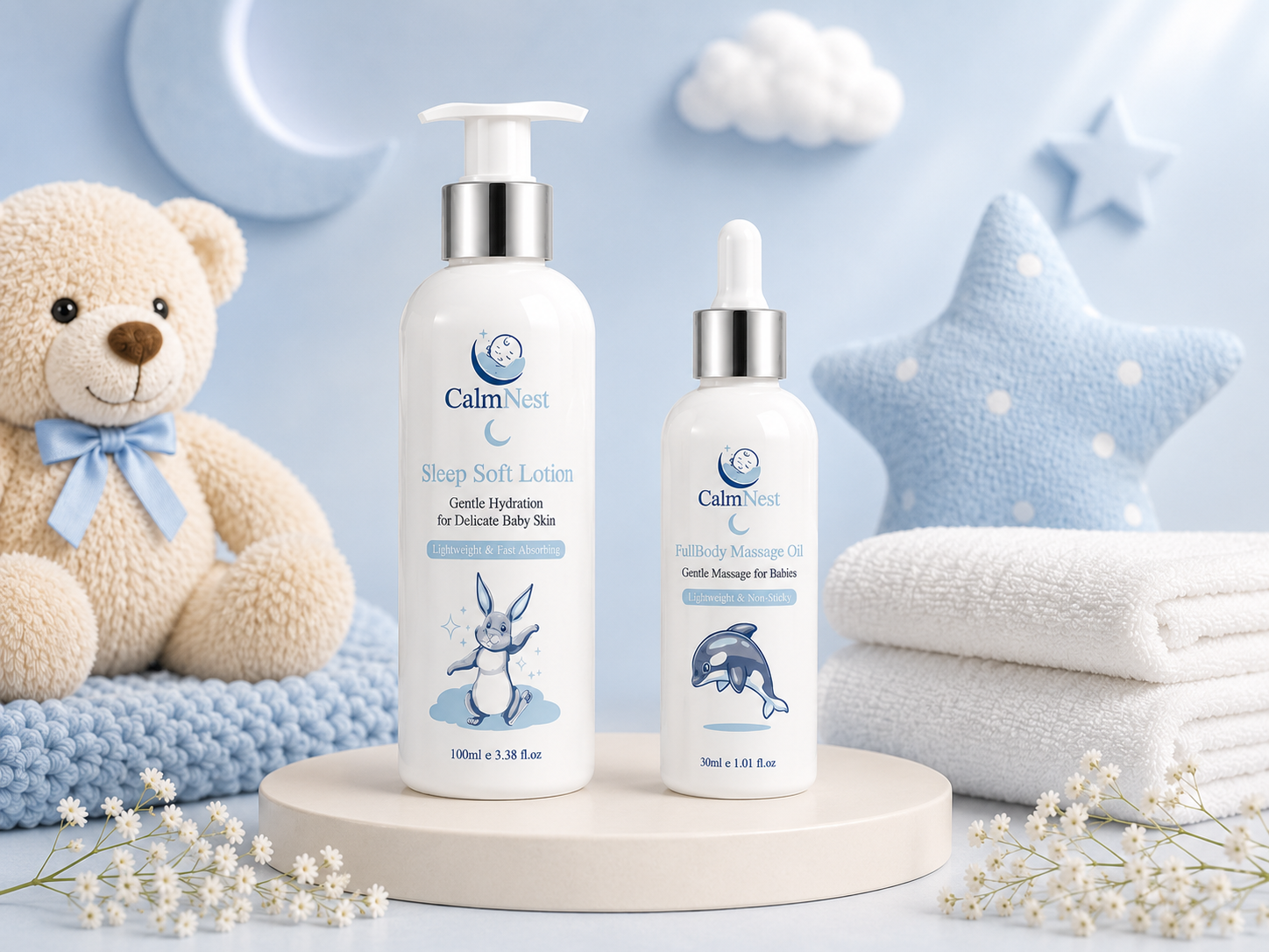 CalmNest Sleep & Relax Bundle – Baby Lotion + Massage Oil Duo | Nightly Skincare Set for Babies